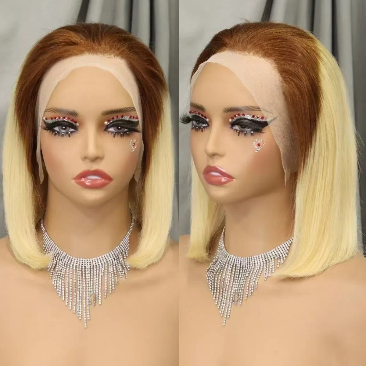 

250% Density Short 4T613 Blonde Bob Wig Human Hair Wigs 13x4 Lace Frontal Double Drawn Bone Straight Colored Bob Wigs for Women