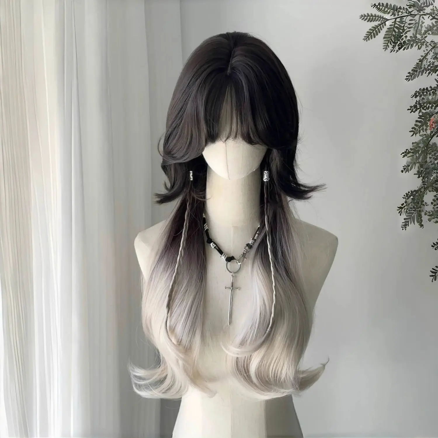 Wig female micro curl jellyfish head brown black gradual change white tea gray natural simulation full head cover