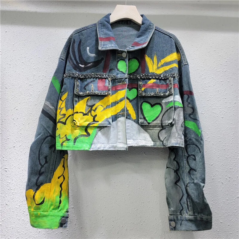 

Heavy Industry Diamond Graffiti Print Big Pocket Denim Jacket Women Loose Short Cowboy Outwear Long Sleeve Jeans Jacket Female