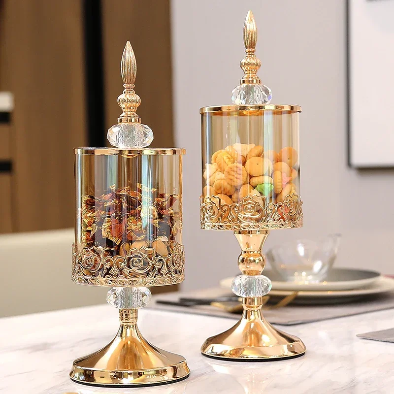 European Crystal Glass Storage Jar with Lid Luxury Rose Candy Jar Gold-plated Storage Decorative Ornaments Art Home Decoration