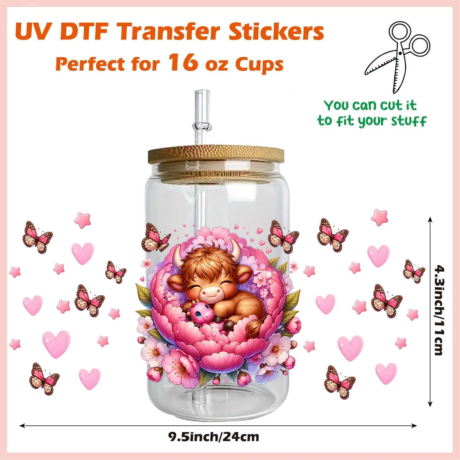 

Cow baby series easy peel waterproof DIY Decals Retro Beauty 3D transfers uvdtf crystal sticker 16oz uv dtf cup wraps