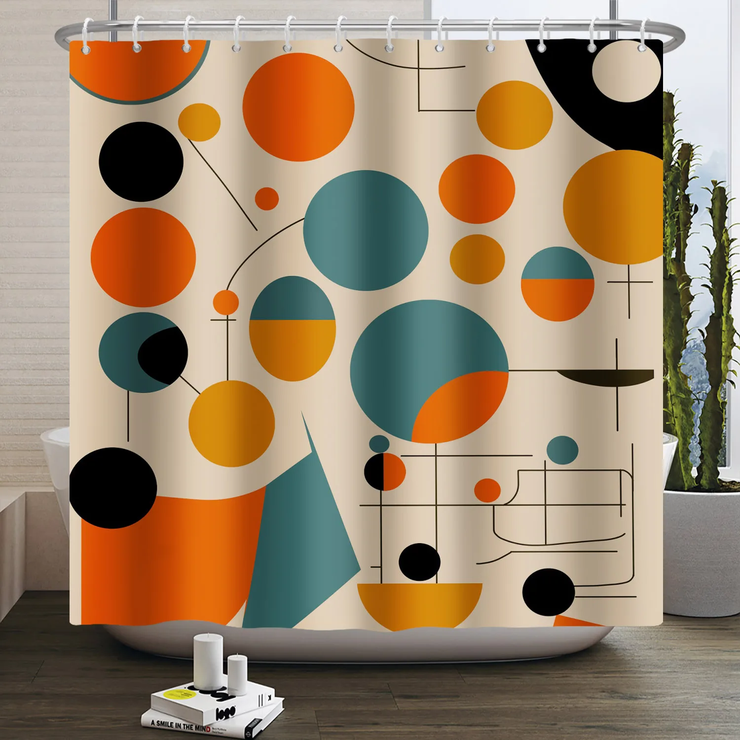 Blue Orange Geometric Round Line Shower Curtain Japan Noren Modern Artistic Bath Partition Waterproof Hanging Curtain With Hooks