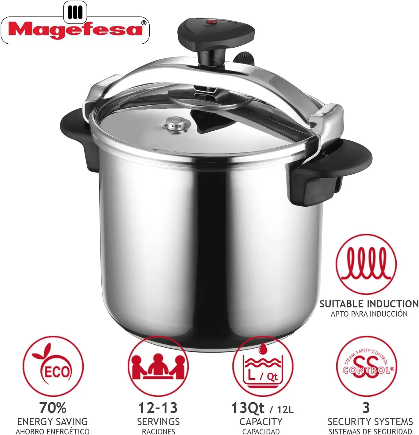 Quick Easy To Use Pressure Cooker, 18/10 Stainless Steel, Suitable for induction. Thermodiffusion bottom, 3 Securi