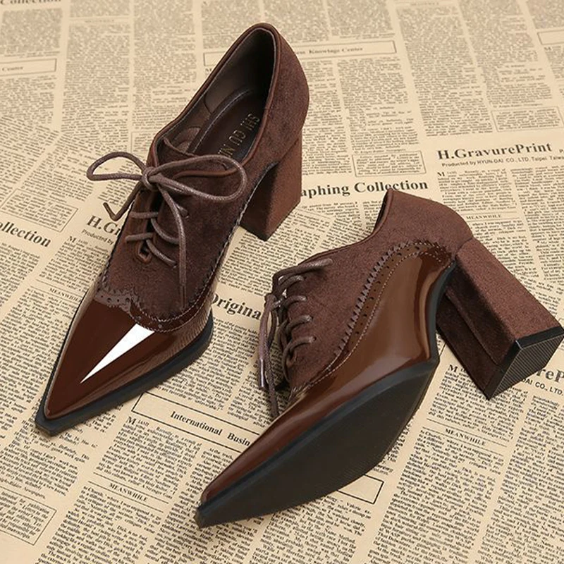 

High Heels Shoes for Women Luxury Pointed Toe Dress Chunky Shoes Lace Up Fashion Sexy Pumps 2025 Autumn Elegant Chaussure Femme