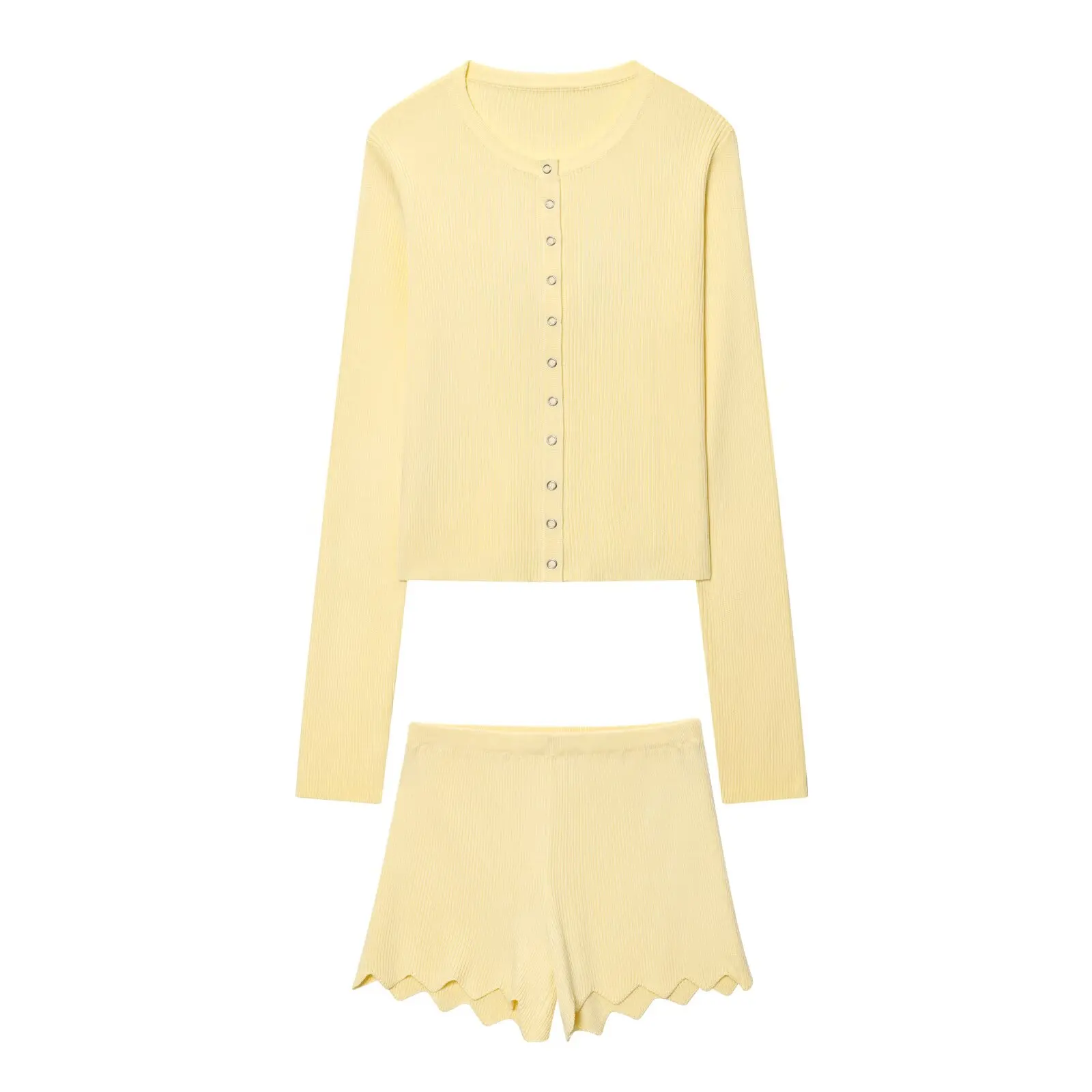 

2025 Women's Summer New Single breasted Round Neck Long Sleeve Knitted Cardigan Top+Wave Edge Mini Knitted Shorts