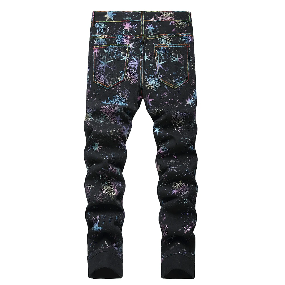 Men snowflake Stars Print Jeans Fashion Neon Colored Painted Black Denim Pants Slim Straight Stretch Trousers