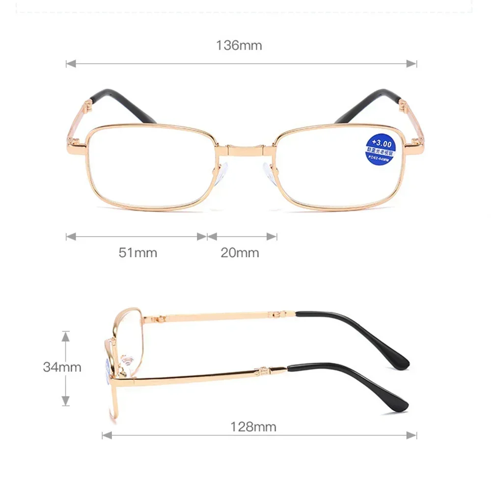 1Pair Unisex Foldable Reading Glasses Presbyopia Men Women Metal Retro Computer Reading Glasses With Case 1.0 1.5 2.0 2.5 3.0