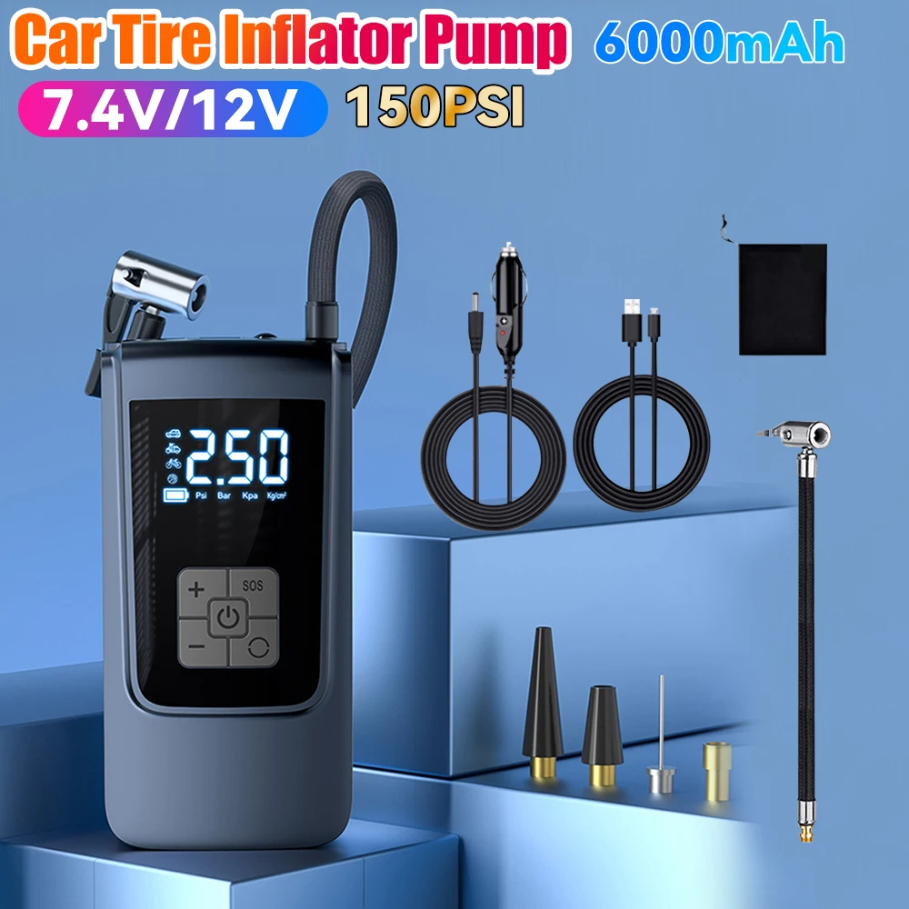 

7.4/12V Digital Air Pump 6000mAh Mini Tire Pump Wireless Air Compressor Electric Inflator Pump for Vehicle Truck Motorbike Balls