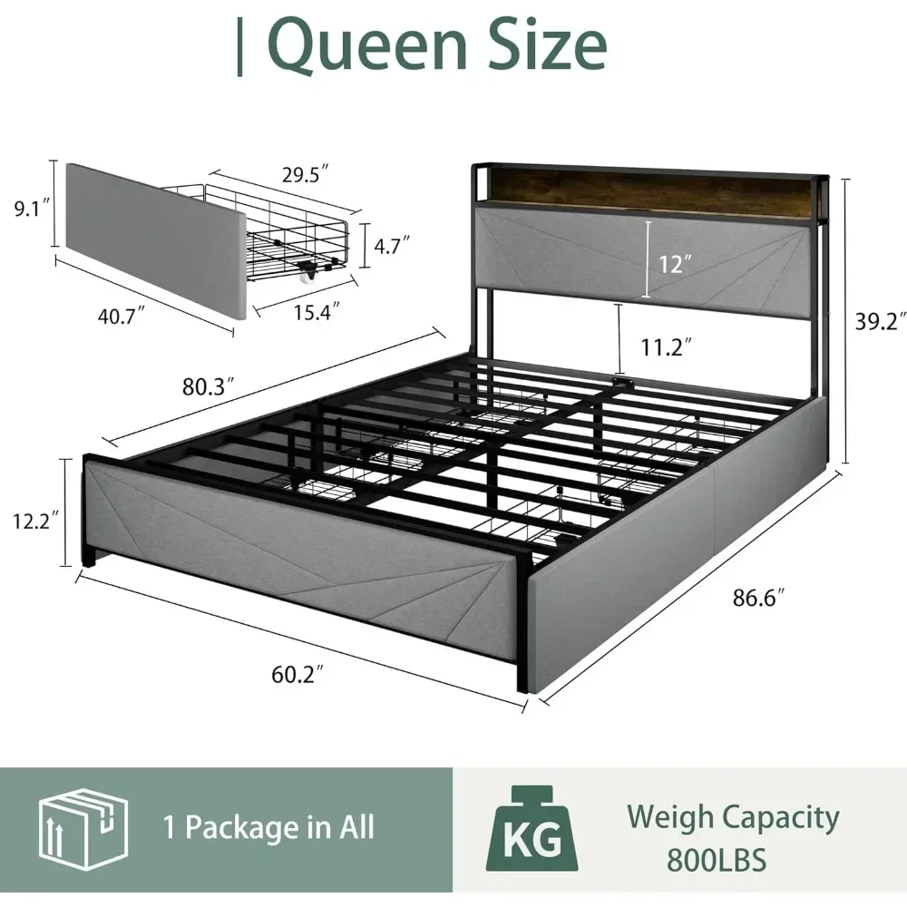 Bed Frame with Storage Headboard & 4 Drawers,Sturdy Metal Platform & Slat Grey Bed Frame with LED Lights & Charging Station