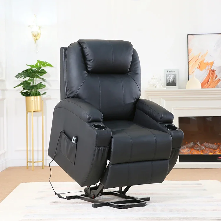 Hot Sale Single Relaxing Elderly Power Lift Black Leather Electric Recliner Sofa Cupholder Sofa Reclinable