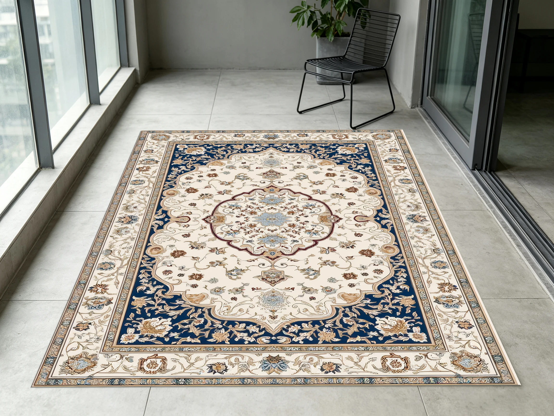 2D Carpet, 2D Large Carpet, Off-White and Navy Blue, with Vintage Persian Patterns.   Soft to the Touch, Suitable for Use in Living Rooms and Other Areas.