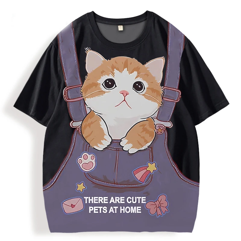 2025 Men's Funny Cat Overall 3D Animal Cute Pets Print Casual T-shirt Summer Men Women Short Sleeve Tee Street Trend Kid Y2k Top