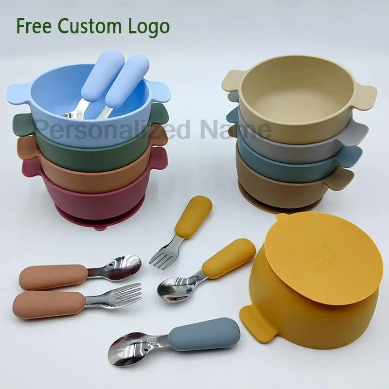 Personalized Name Baby Suction Cup With Stainless Steel Tableware Spoon Fork LED weaning Supplies Training Spoon Fork Tableware