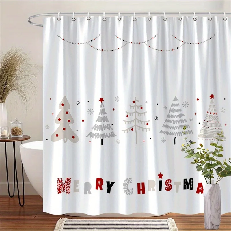 1pc Scandinavian Christmas Shower Curtain, Grey White Stylized Trees Red Stars & Merry Christmas Text, With Hooks