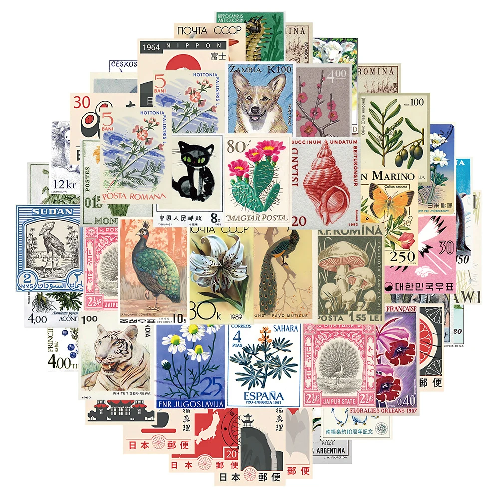 

10/30/50pcs Vintage Animals Stamp Stickers Cartoon Flowers Plant Sticker Decorative Notebook Laptop Phone Funny Graffiti Decals