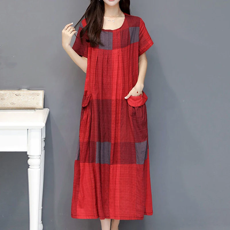 Women Striped Plaid Print Vintage Boho Oversized Cotton Linen Dresses Summer Casual Short Sleeve Pocket Holiday Beach Midi Dress