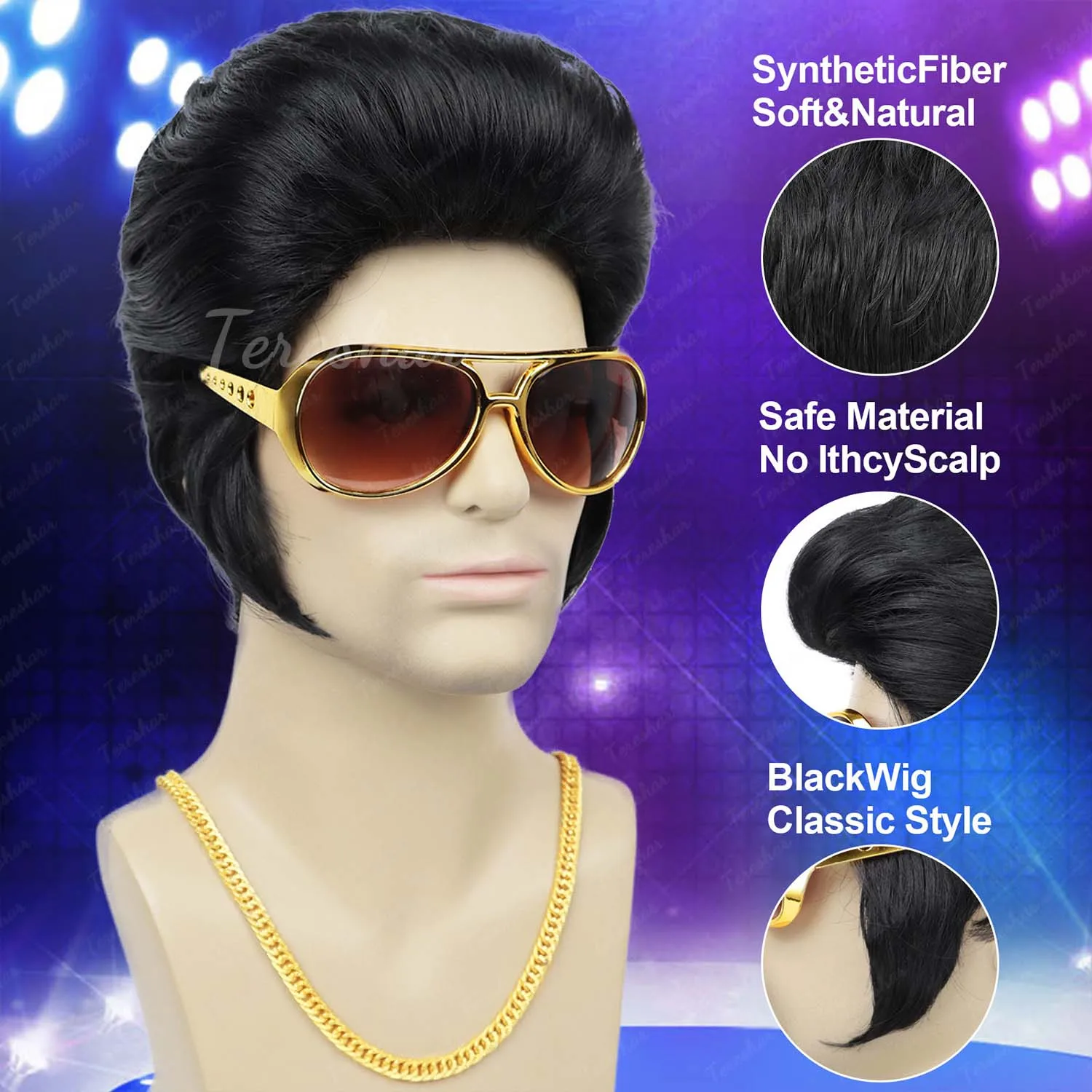Synthetic 4pcs Set 50s Rock Wig with Sunglasses and Necklace for Men Elvis Cosplay Wig Singer Rocker  Costume Wig for Party view 5