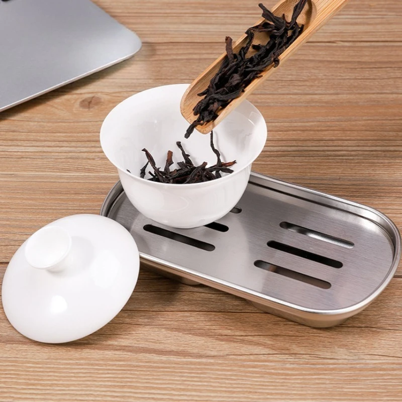 Stainless Steel Small Tea Tray Portable Outdoor Simple Rectangular Drain Tray New Household Office Travel Single Person Teaboard