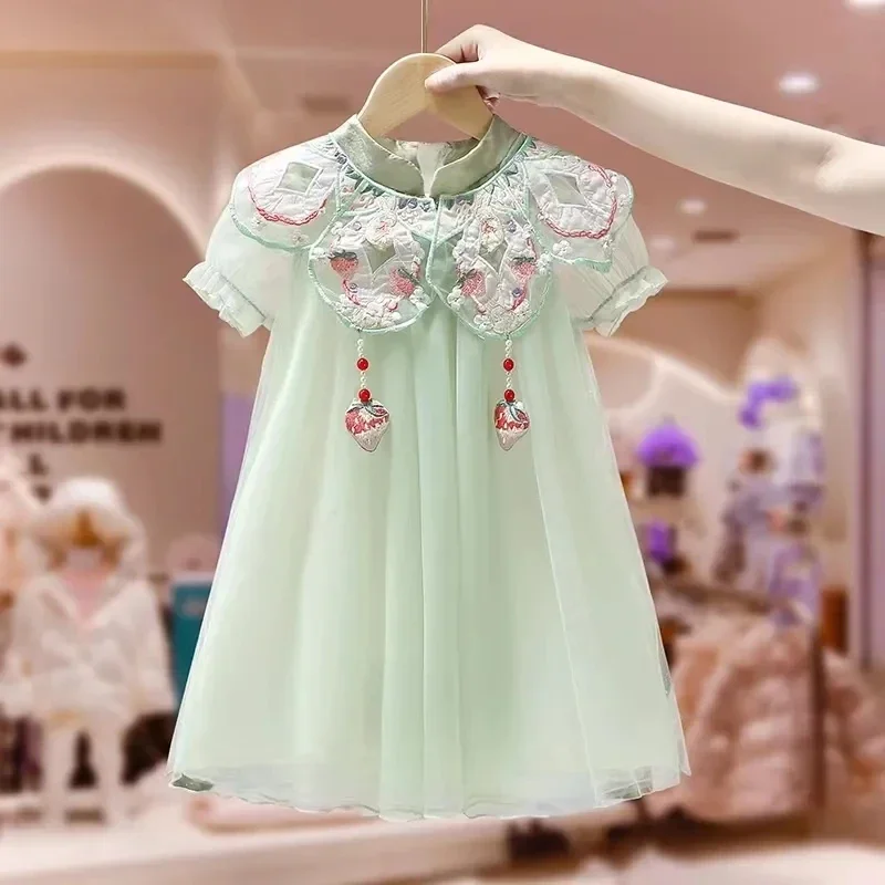 

New Tang Style Chinese Style Dress Girl Baby Short Sleeve Dress Hanfu Children's Summer Princess Dress