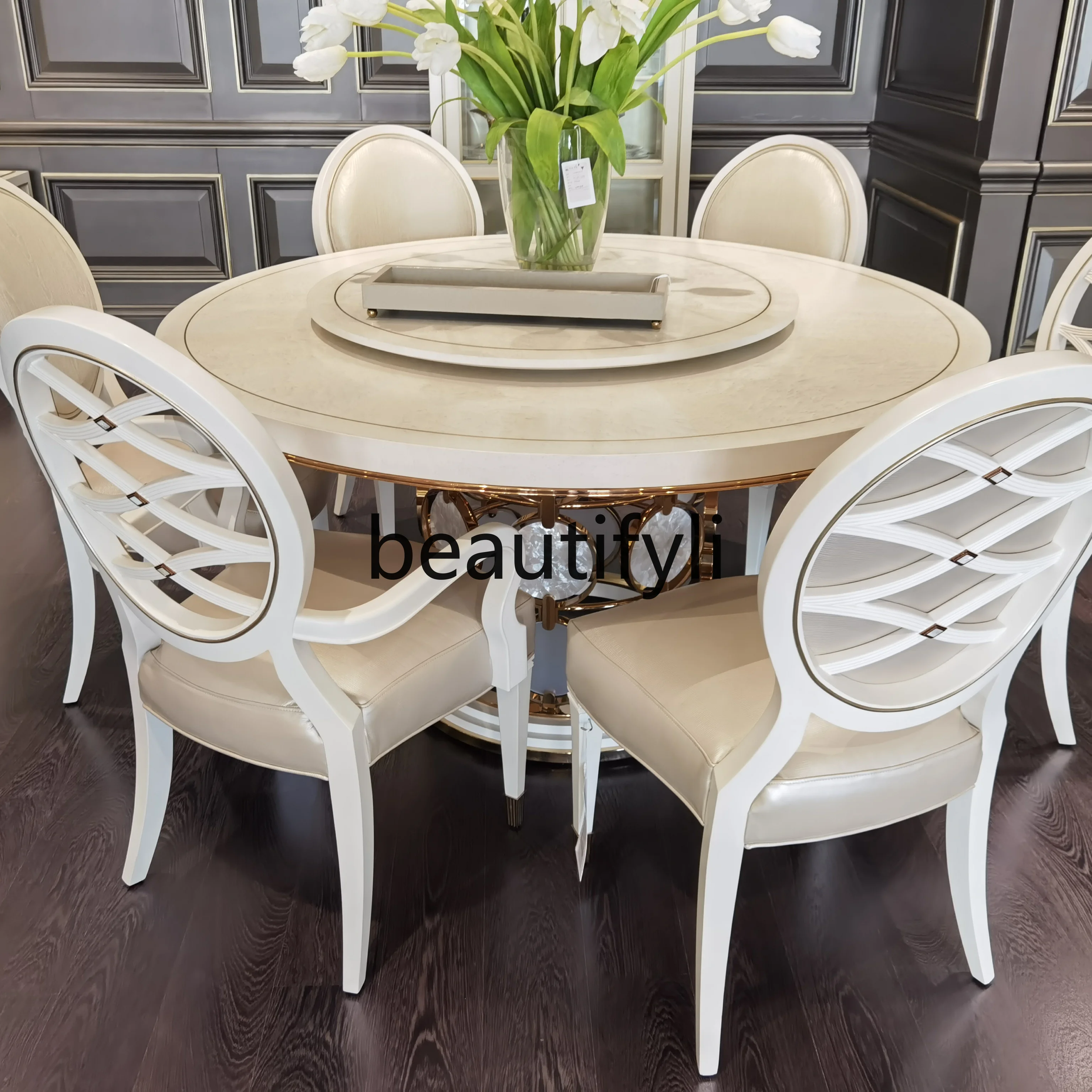 

Light luxury modern carving round wooden American dining table upholstered dining chair customization