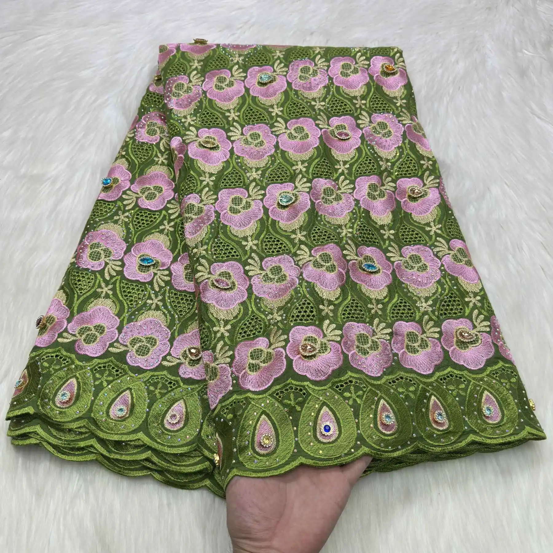 

High Quality Nigerian Cotton Lace Fabric Swiss Voile Lace Fabric with Rhinestones Flowers for Party Dresses 5Yards SS58-12