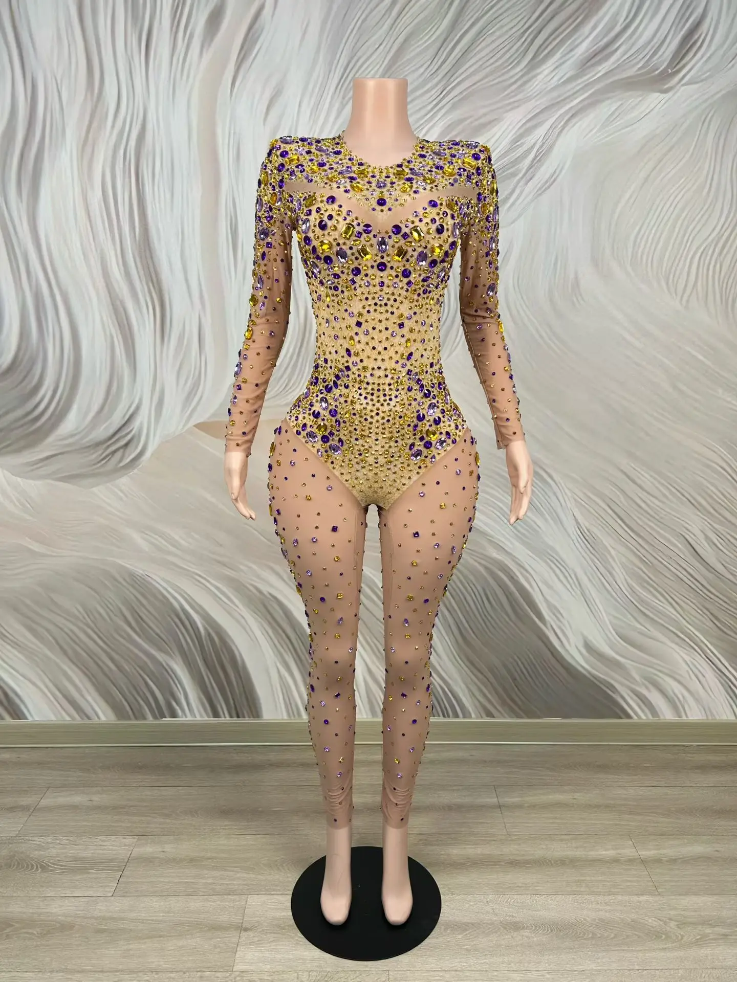 Macacão Feminino Jintan Brilhante Colorido com Calças Justas de Tela Transparente e Alta Elasticidade, Traje para Performance em Palco e Vestido de Aniversário