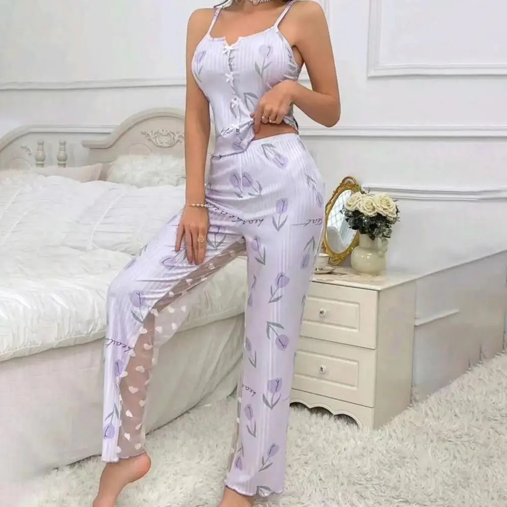 2 قطعة/المجموعة النساء سترة السراويل دعوى القوس القلب طباعة أكمام Shirring حافة أعلى شبكة المرقعة السراويل Homewear ملابس خاصة الزي #4