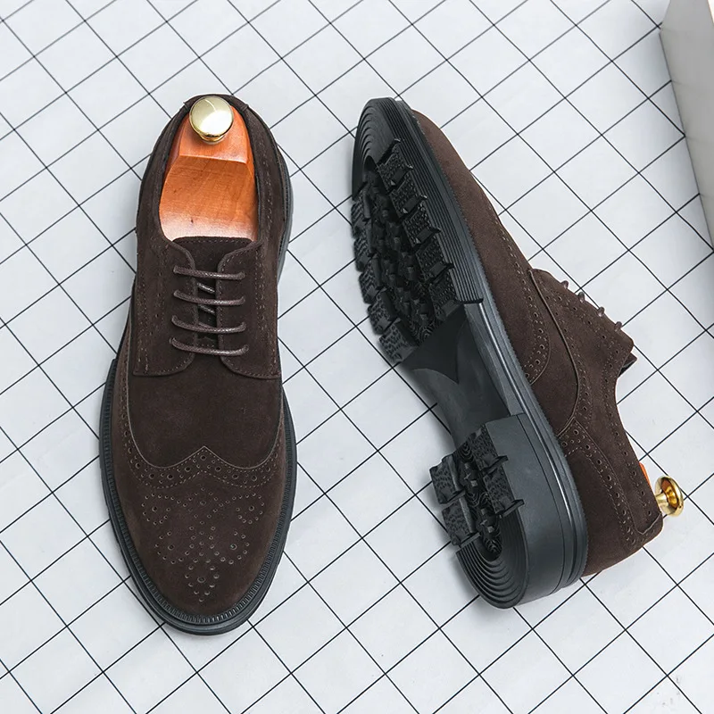 

British Style Fashion Brown Men's Formal Shoes Big Size 46 Suede Leather Shoes Men Brogues Low-heel Business Shoes Man Footwear