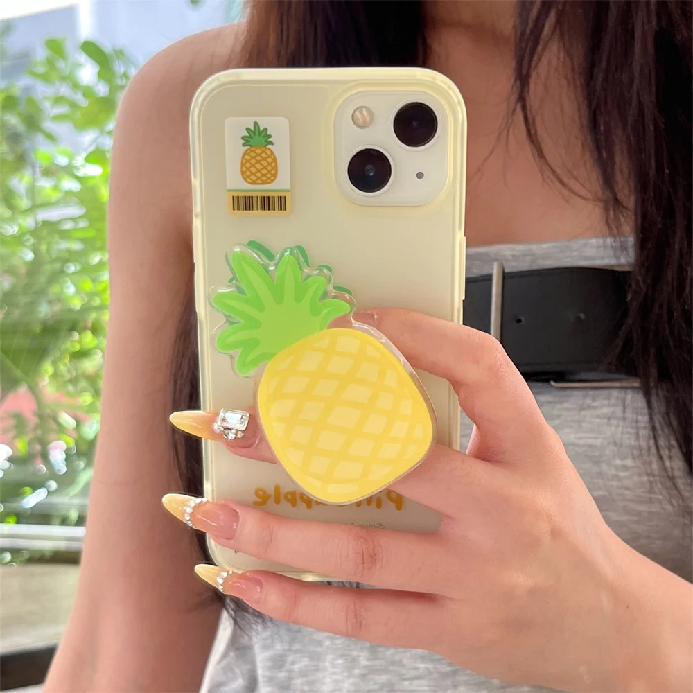 

Korean INS cute fruit lines pineapple stand phone case for iPhone 13 14 15 16 Pro Max cover with Holder cartoon protective cover