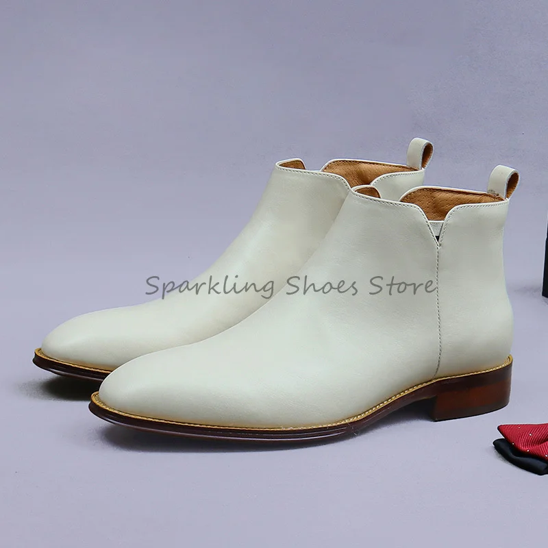 

Wedding Dress Boots for Men British Style Pointed Toe Chunky Heel Lace-Up Shorft Boots Male White Genuine Leather Chelsea Boots