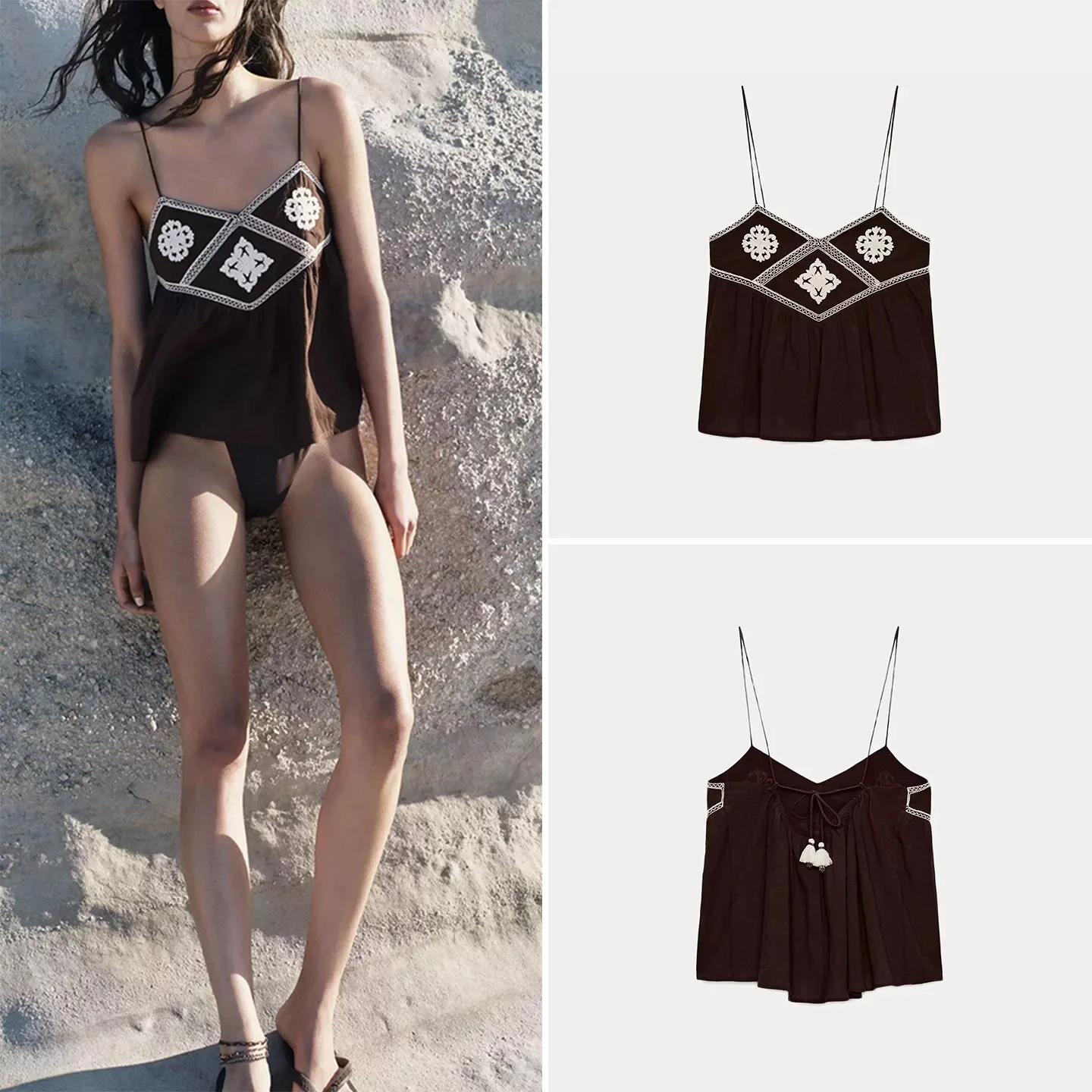

Fashionable Embroidered Strap Top Women's New Arrival Spring Summer ZR Style Short V-Neck Polyester Fiber Outerwear