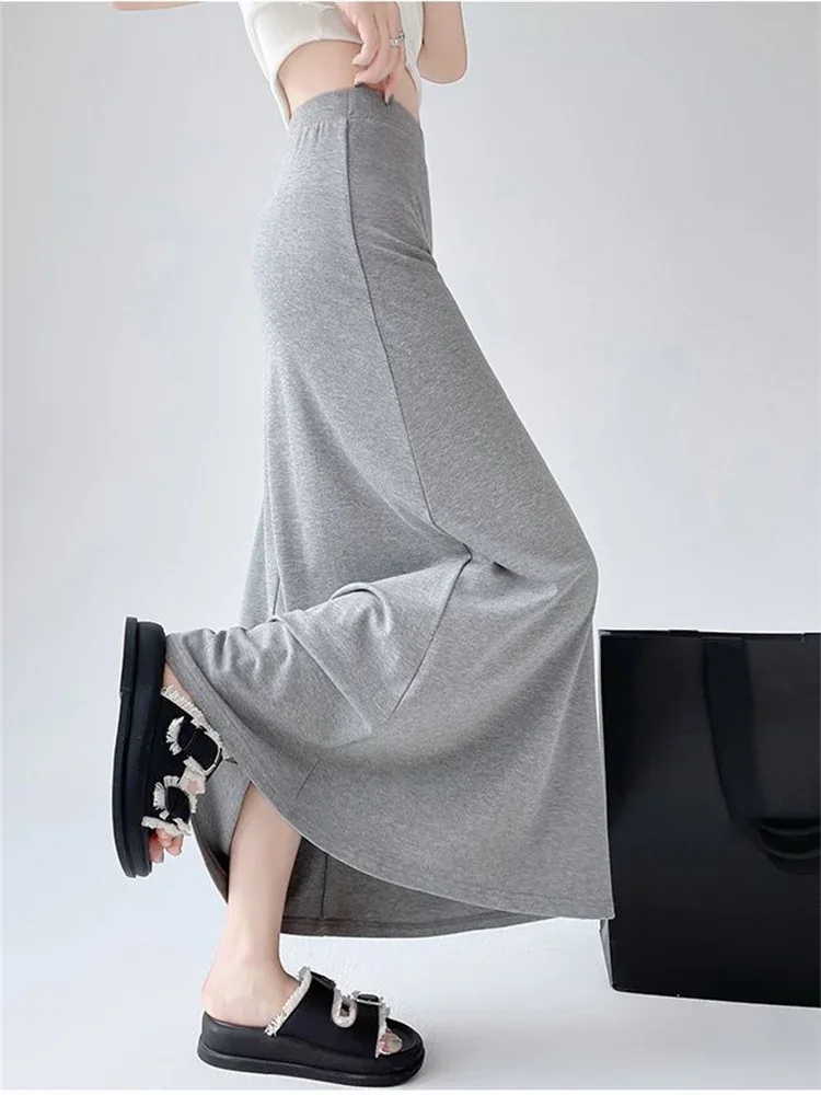 Women's High-waisted A-line Mid-length Loose Skirt Soft Warm Simple Vintage Package Hips Midi Skirts Spring Autumn Gray Skirt