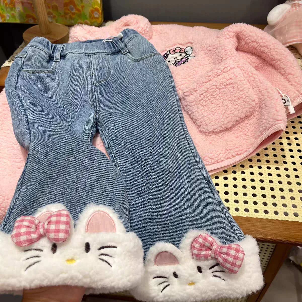 Pantalones de Hello Kitty para niña, pantalones de campana de vaquero de dibujos animados, pantalones de ocio de terciopelo, ropa Kawaii, regalo de cumpleaños, invierno