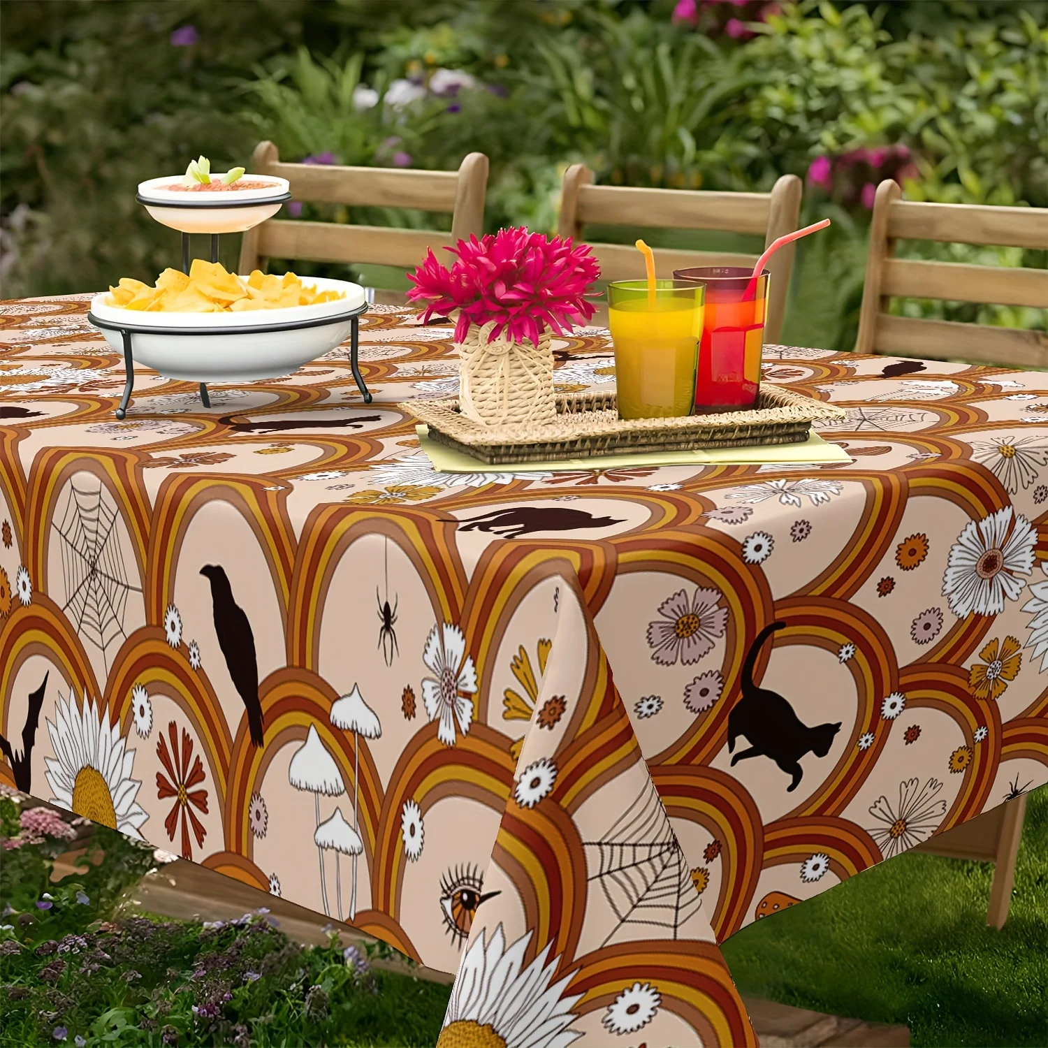 One-piece Halloween black cat tablecloth - featuring designs of bats, crows, spider webs and flowers