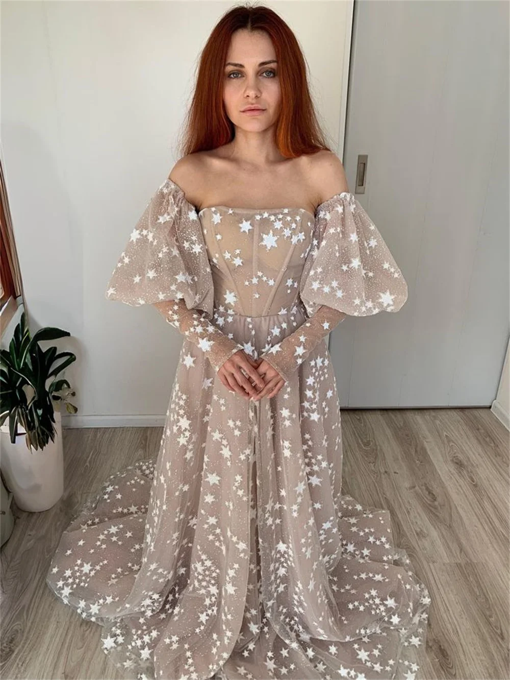 Sansa Mysterious Side Split فساتين السهرة Sexy Off Shoulder Prom Dress Star A-line فساتين سهره فاخره Champagne Vestidos De Noche