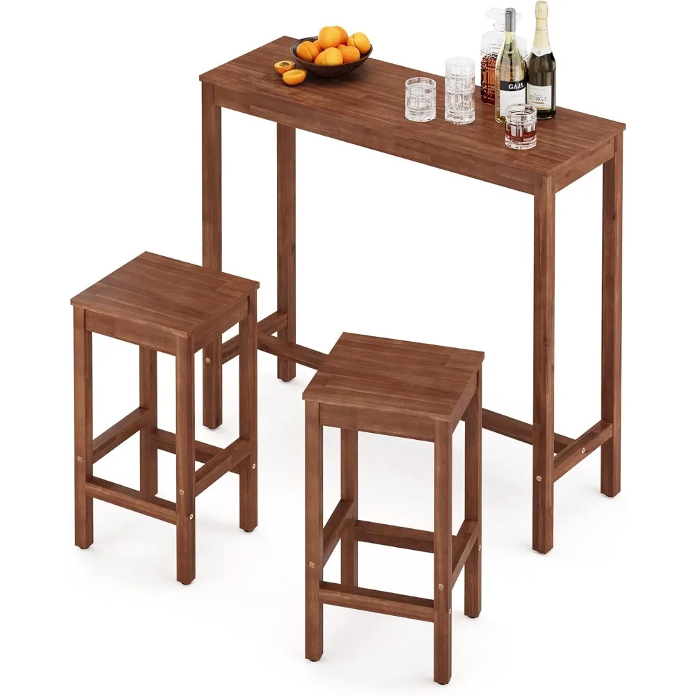 

45 inch Bar Table and Chairs Set, Acacia Wood Pub Table with 2 Stools, Rectangular Counter Height Table Set for Dining Room, Kit