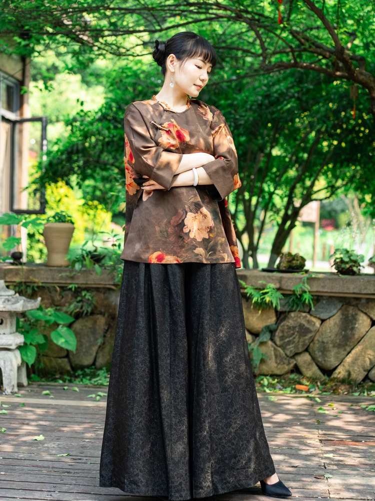 

Шелковые брюки с широкими штанинами из драпированного шелка Цзян, свободного кроя, удобные, в современном китайском стиле, для женщин