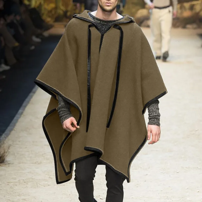 Cappotto da uomo in lana con cappuccio e scialle a mantella primaverile e autunnale