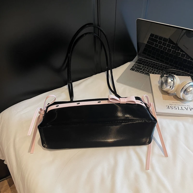 

2025 Elegant Baguette Women's Handbag Sweet Bow Strap PU Leather Designer Shoulder Bag For Girls Underarm Bag Purse Ladies Bolsa