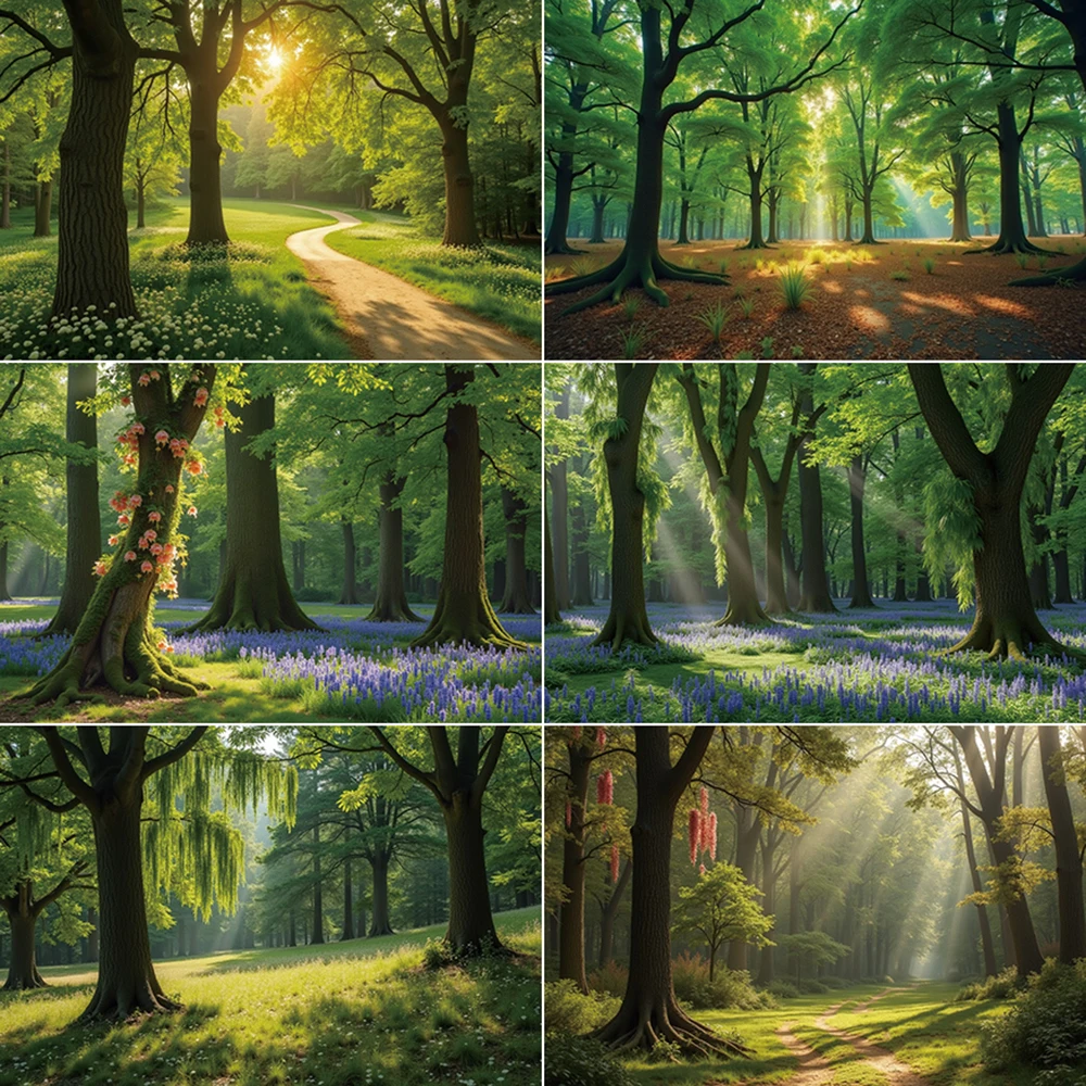 

MOON.QG Natural Spring Forest Trees Backdrops Green Grass Purple Flower Leaves Sunlight Backgrounds Photography Studio Supplies