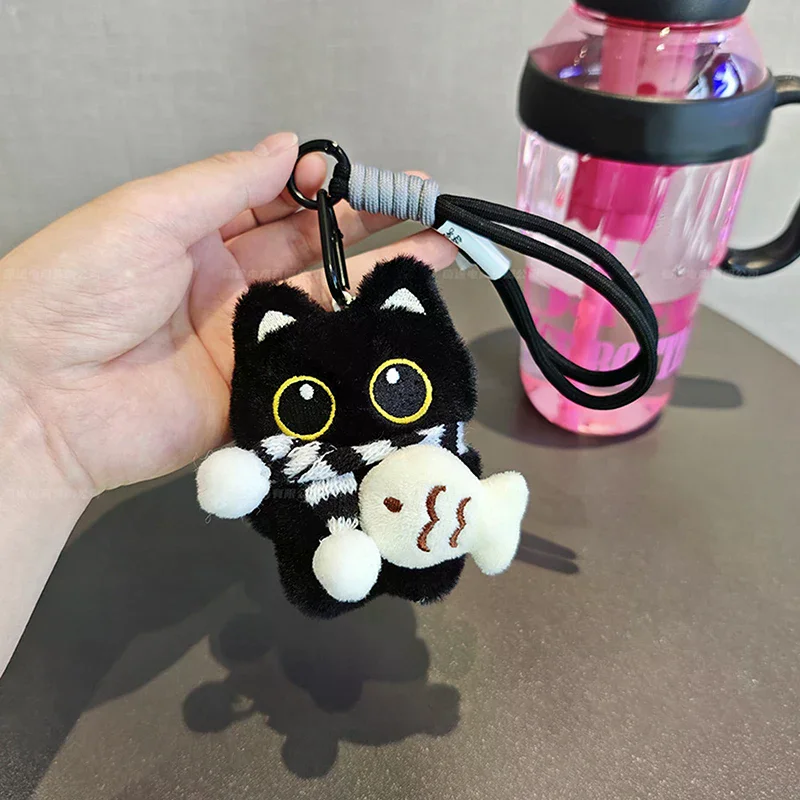 Bonito de pelúcia olhos grandes gato preto boneca pingente menina mochila boneca pingentes casal saco chaveiro telefone encantos saco pingente acessórios