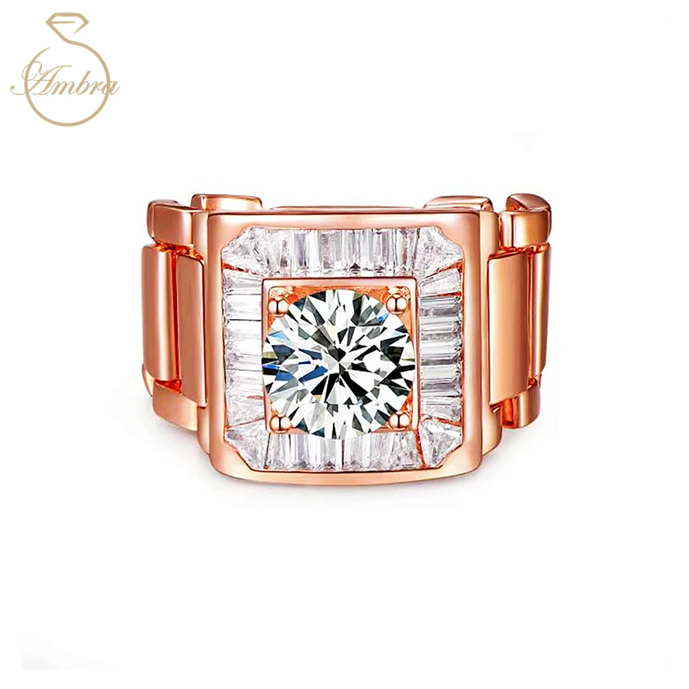 Ambra Jewelry 14K Rose Gold Color EX Cut 3ct Moissanite Diamond Luxury Men's Ring in 925 Sterling Silver Plated Layer