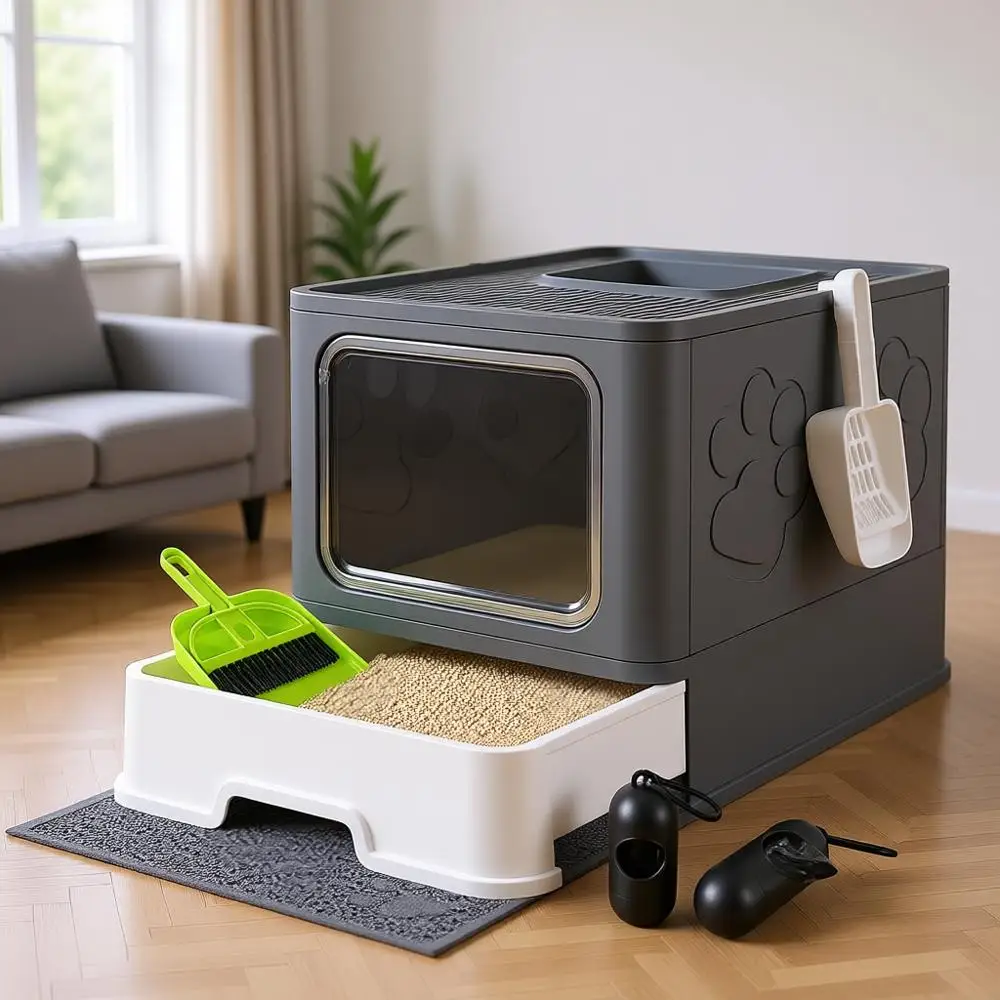 

Лоток для кошачьего туалета с ковриком, очень большой, односторонний с крышкой, закрытый, с контролем запаха, защита от разбрызгивания, легкая очистка, серый