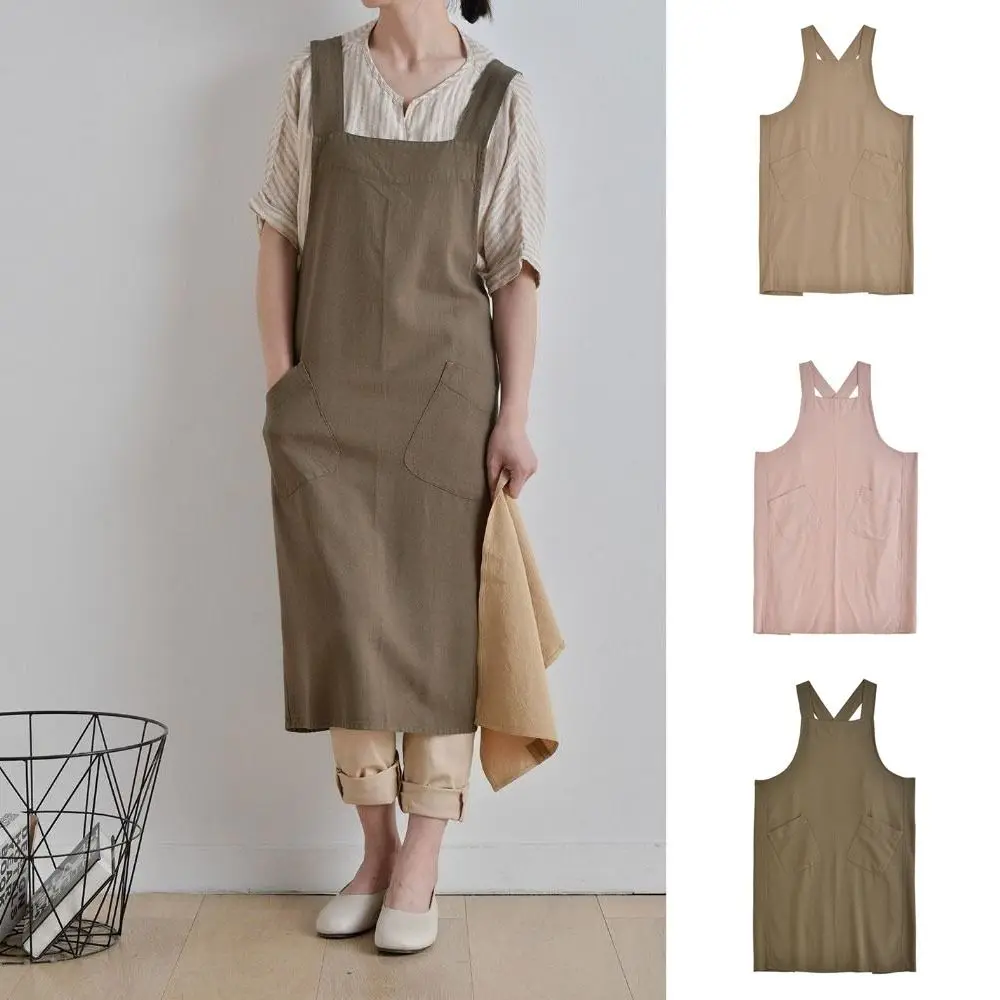 

Breathable Japanese Style Kitchen Apron with Pockets Long Cotton Linen Apron Sleeveless Cross Back Pinafore Dress Women