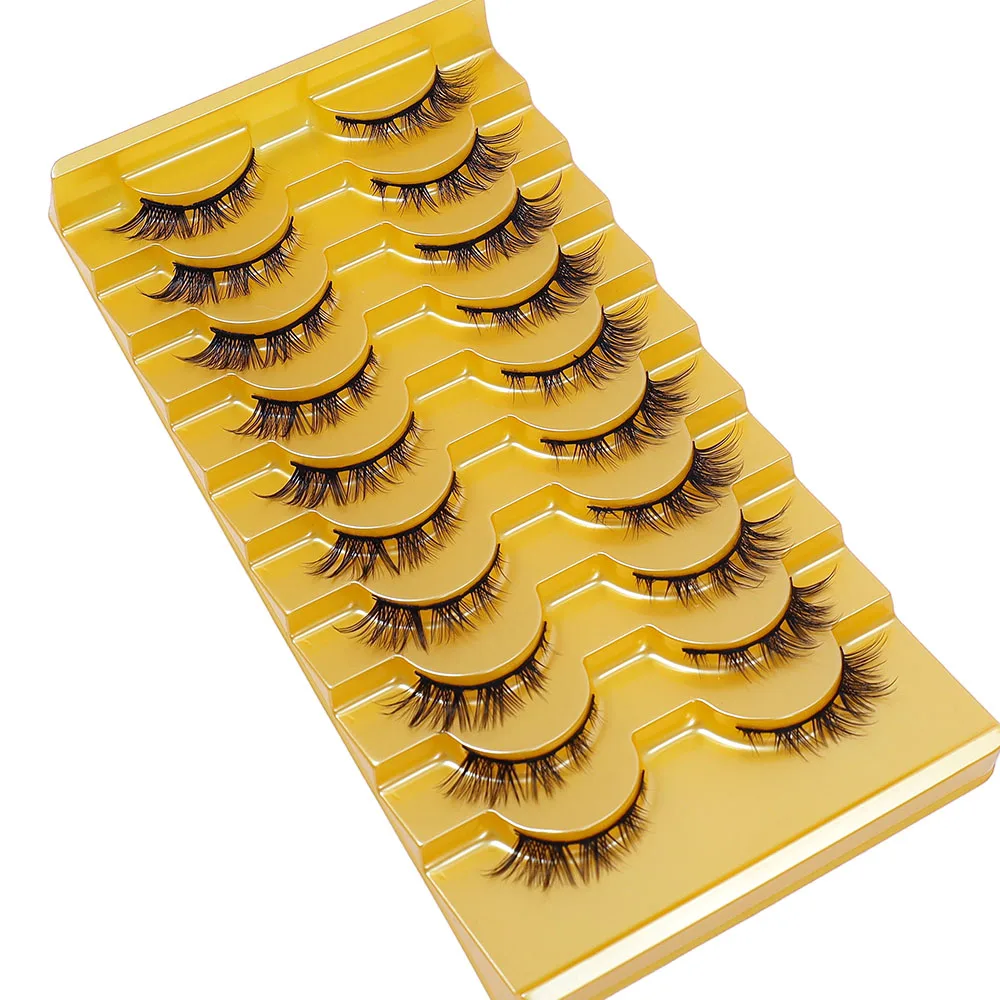 装着しやすいコットン糸ステムキャットアイつけまつげ10ペア、厚さ0.05mm、再利用可能、Dカール、長さ10～12mm