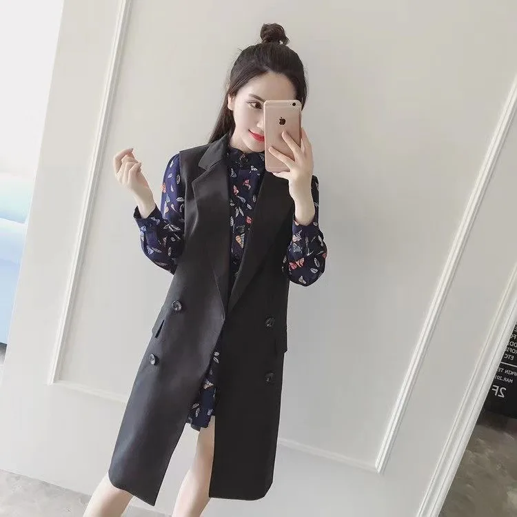 

Women's Slim Fit Midi Length Vest No Sve Suit Jaet Korean Sle Spring Autumn Cotton Blend Double Breasted Pure Color