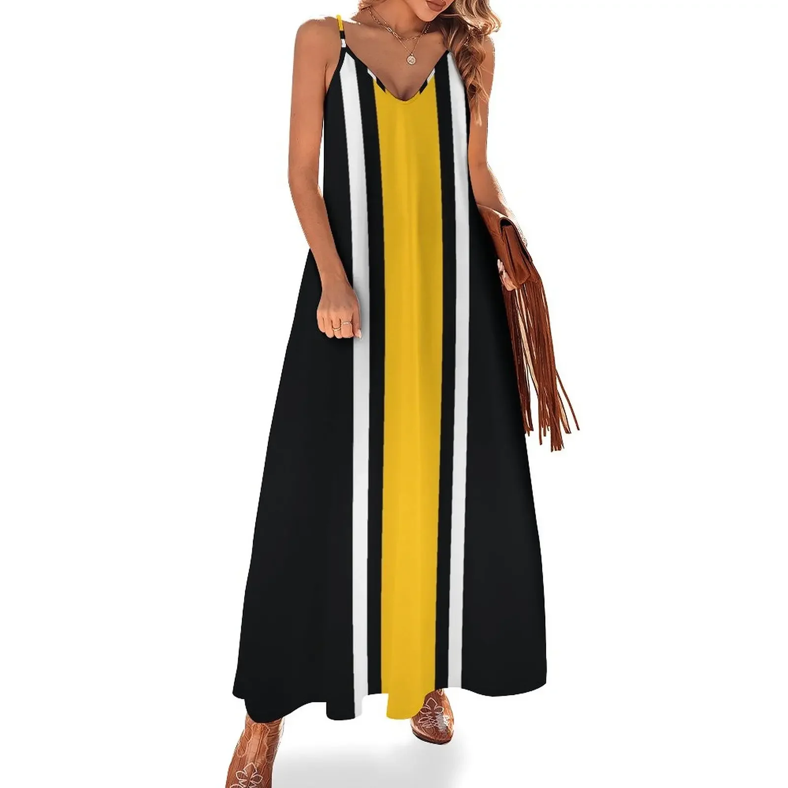 

Black, White, & Yellow Vertical Power Stripe Sleeveless Dress Woman dresses evening dresses women