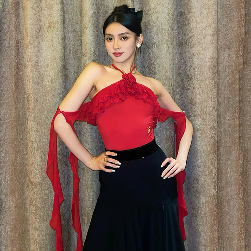 New Latin Ballroom Dance Tops Women Halter Neck Flower Ruffled Bodysuit Adult Rumba Waltz Dance Performance Clothing DNV21984