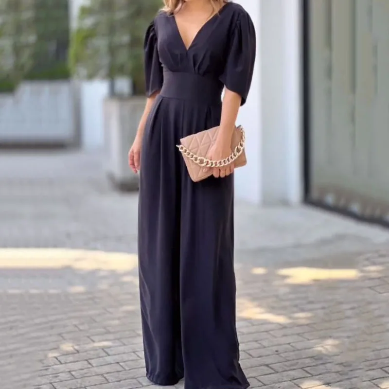 Sexy V-ne High-waist Wide-leg Jumpsuit Women's Street Sle One-piece Suit Low-waist Long Pants Workwear Pants