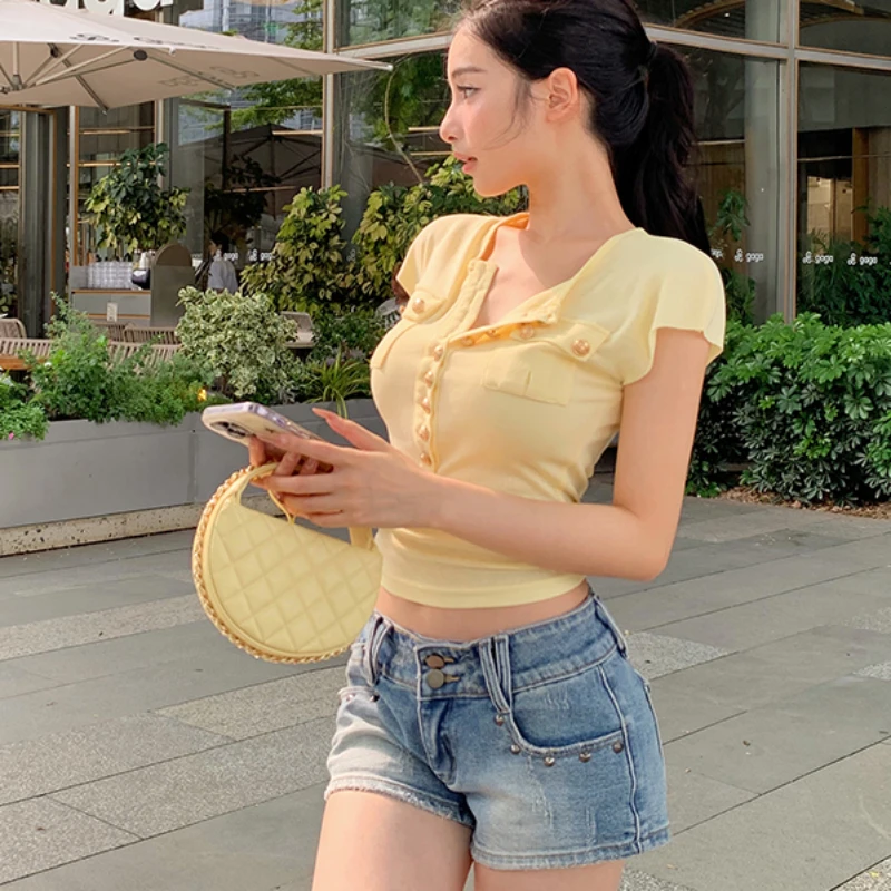 Vintage Women T-shirts Button Versatile Short Sleeve Summer Casual Crop Tops Korean Style Solid Chic Slouchy Pockets Sexy New